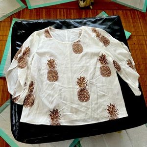 Shein Large Blouse 8/10 US White With Brown Pineapple Print